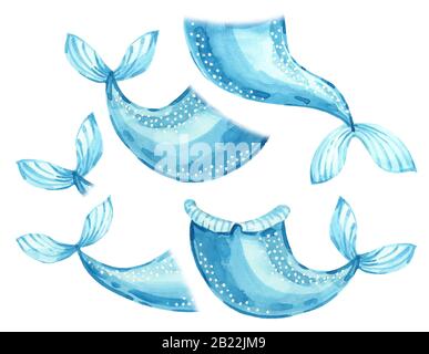 Watercolor nursery fish tail, handpainted mermaid tails on an isolated white background, Stock Photo