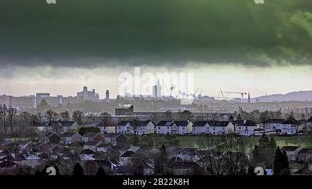 Glasgow, Scotland, UK, 29th February, 2020: UK Weather: Storm Jorge over the west end of the city and the Glasgow university clock tower. Copywrite Gerard Ferry/ Alamy Live News Stock Photo