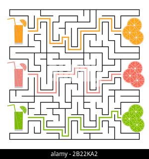 A square labyrinth. Find the way from juice to fruit. Simple flat isolated vector illustration. Stock Vector