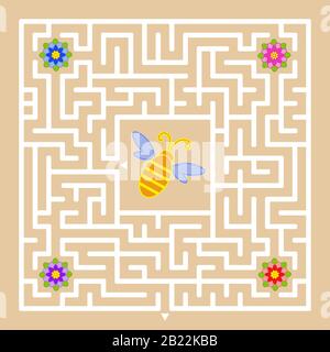 A square labyrinth. Help the bee to find a way out and collect honey from all colors. Simple flat isolated vector illustration Stock Vector
