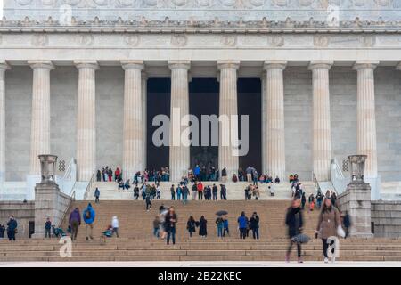 New York, USA - MAR 2019 : Unrecognizable various tourists are visiting the Abraham Lincoln Memorial on March 22, 2019, Washington DC, United States Stock Photo