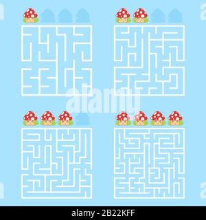 A square labyrinth with an entrance and an exit. A set of four options from simple to complex. With a rating of cute cartoon mushrooms. Vector illustr Stock Vector