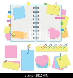 An open organizer with clean sheets on a spiral and with bookmarks. A set of stickers and paper for notes. Colorful flat vector illustration isolated Stock Vector
