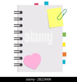 Open notepad with clean sheets on a spiral with bookmarks between the pages. Colorful flat vector illustration isolated on white background. With spac Stock Vector