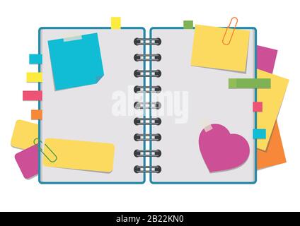 Open notepad with clean sheets on a spiral with bookmarks between the pages. Colorful flat vector illustration isolated on white background. With spac Stock Vector
