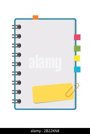 Open notepad with clean sheets on a spiral with bookmarks between the pages. Colorful flat vector illustration isolated on white background. With spac Stock Vector