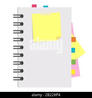 Open notepad with clean sheets on a spiral with bookmarks between the pages. Colorful flat vector illustration isolated on white background. With spac Stock Vector