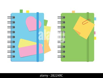 Closed notebook, personal diary on a spiral with bookmarks and paper for notes between pages. A set of two variants with bright covers. Colorful flat Stock Vector