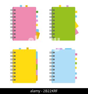 Closed notebook, personal diary on a spiral with bookmarks and paper for notes. A set of four options with bright, attractive covers. Colorful flat ve Stock Vector