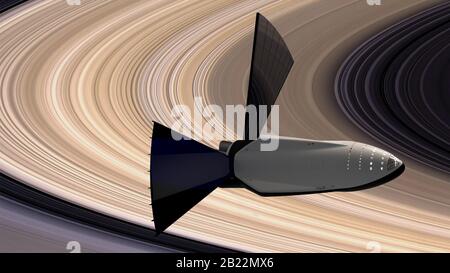 MARS - 24 Oct 2019 - Artist's impression of a SpaceX Starship approaching the planet Saturn. The SpaceX Starship has a payload fairing of 9 metres in