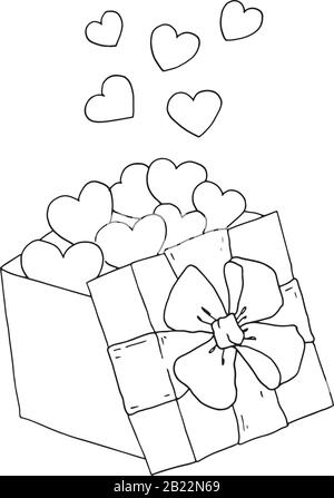 Gift box with hearts flying , romantic, valentines day. Line art, vector illustration. Greeting card. Symbol of love, wedding invitation. Stock Vector