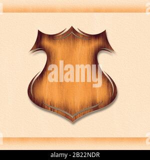 Wooden vintage grunge shield hanging on textured wall Stock Photo