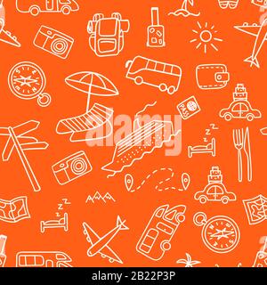 Seamless pattern with hand drawn travel icons. Orange vacation background. Vector illustration. Stock Vector