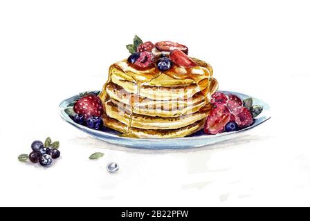 Sweet pancakes on plate, maple syrup, blueberry, raspberry. Stock Photo