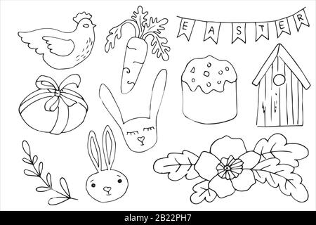 Easter traditional symbols collection. Vector drawings set isolated on white background. Stock Vector