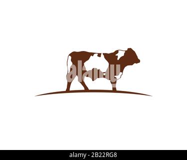 logo of a brown cow standing on curved horizon ground with australia map as negative space all over his skin Stock Vector