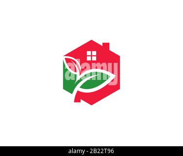 hexagon logo house with negative space leaf leaves showing a sustainable green ecology building home Stock Vector