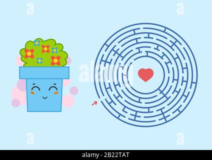 Round maze with a cartoon character. Cute flower pot. An interesting and developing game for children. Simple flat isolated vector illustration. Stock Vector