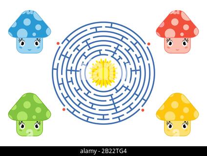 Round maze with cartoon characters. Cute mushrooms. An interesting and developing game for children. Simple flat isolated vector illustration. Stock Vector