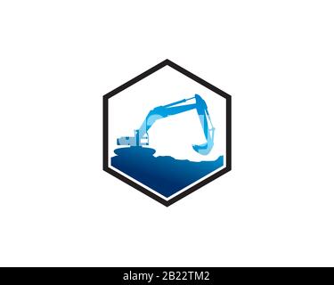 hexagon exacavator and backhoe emblem logo template Stock Vector