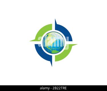 glossy earth globe inside 4 compass wind direction show circular process Stock Vector