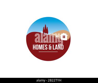 round spherical emblem logo of homes and land with illustration of land, pine trees, hill, house and signage Stock Vector