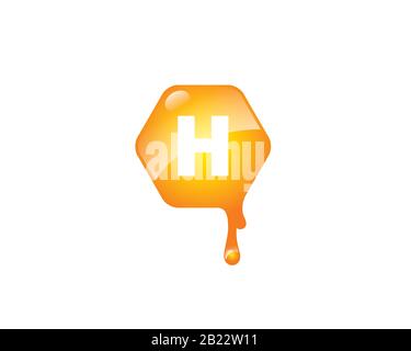 glossy bee hive shaped honey dripping drip with letter H inside Stock Vector
