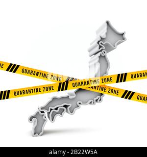 Japan map with yellow quarantine warning security tape. 3D Render Stock Photo