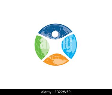 colorful earth globe divided by negative space happy jumping human figure Stock Vector