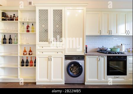 modern cream colored kitchen interior Stock Photo