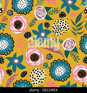 Abstract doodle flowers and leaves seamless vector pattern blue pink white black mustard yellow. Hand drawn flat florals background for fabric design Stock Vector
