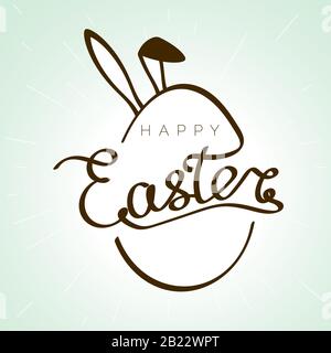 Hand drawn inscription Happy Easter with bunny ears silhouette behind egg. Christian biggest holiday banner in retro style. Vector Stock Vector