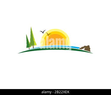 country side mountain landsacape view with meadow land ground pine trees birds flying around and yellow sun Stock Vector
