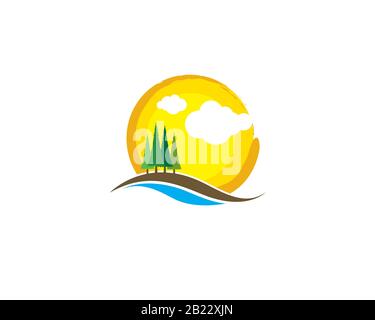 country side mountain landsacape view with meadow land farm pine trees river creek white cloud and big yellow sun as background Stock Vector