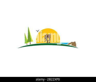 two hiker people walking hiking in the forest with trees mountain rock birds as background Stock Vector