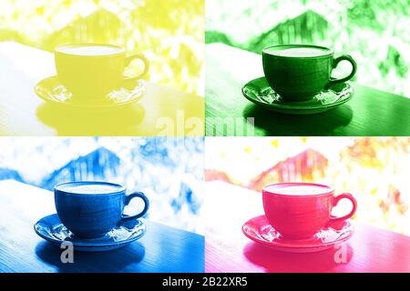 Colorful collage with cup of cup of coffee on tropical palm background. Tropical travel concept. Close up. Stock Photo