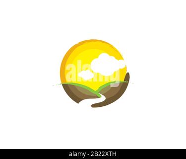 country side mountain landsacape view with meadow land farm pine trees river creek white cloud and big yellow sun as background Stock Vector