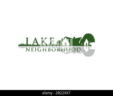 Lake Neighborhood wordmark logo with silhouette of old building house near a lake Stock Vector