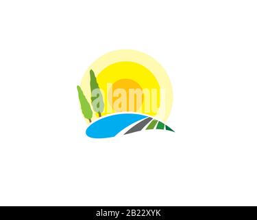 country side mountain landsacape view with meadow land ground pine trees river lake and sunset or sunrise Stock Vector