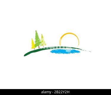 country side mountain landsacape view with meadow land ground pine trees river lake and abstract circle brush Stock Vector