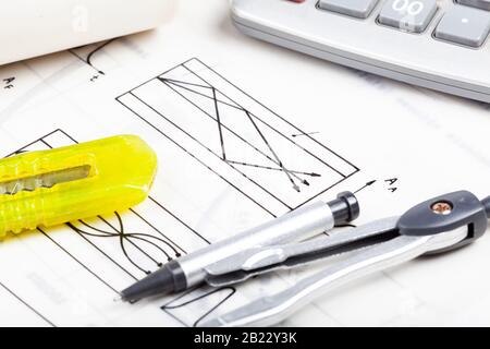 Fiber optic multi mode cable cross section blueprint schematic closeup, macro detail on white tracing paper. Learning engineering, networking Stock Photo