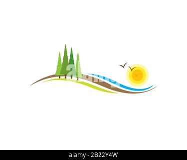 country side mountain landsacape view with meadow land ground pine trees birds flying around and yellow sun Stock Vector