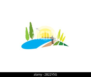 human watching country side mountain landsacape view with meadow land ground pine trees river lake birds bridge and sunset or sunrise Stock Vector