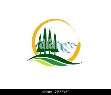 country side mountain landsacape view with meadow land ground pine trees and abstract circle brush Stock Vector