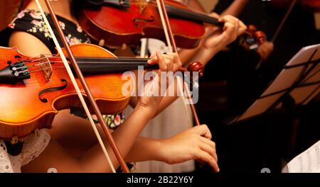 Row, group of anonymous violin players, children, people playing, bows in hands, stands in front, closeup. Classical music concert simple performance Stock Photo