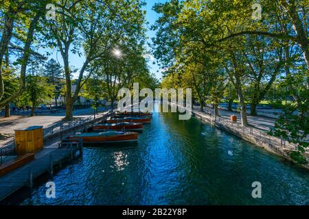 View of the Canal du Vasse from the Pont des Amours in Annecy, France, on a September afternoon. Stock Photo