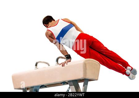 gymnast athlete exercise pommel horse on white background Stock Photo