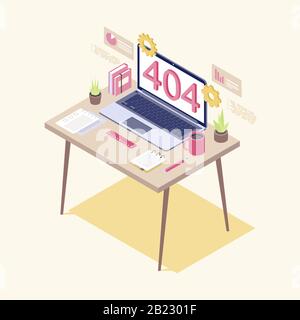 404 error on laptop display isometric illustration. IT specialist, analyst workplace. Preparing network failure statistics. Server not found, broken Stock Vector