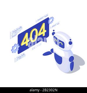 Server not found automated message generation isometric illustration. Robot, AI assistant with 404 notification in speech bubble. Disconnected server Stock Vector