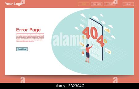 Error page isometric landing page template. 404 broken link notification on smartphone. User, client web search malfunction experience. Server not Stock Vector